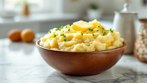 Serving bowl of chunky buttery mashed potatoes garnished with fresh chives