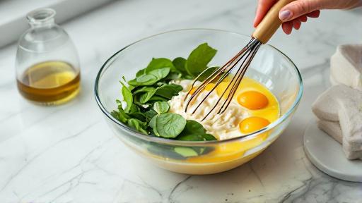 Mixing eggs, cottage cheese, and spinach