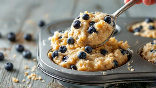 Scooping raw blueberry muffin batter into muffin tin