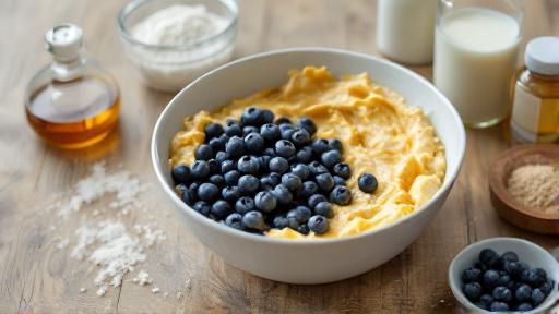 Combining wet and dry ingredients with blueberries