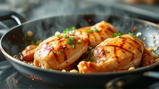 Chicken cooking in skillet with garlic and ginger