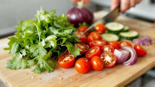 Prepping fresh mixed greens and veggies