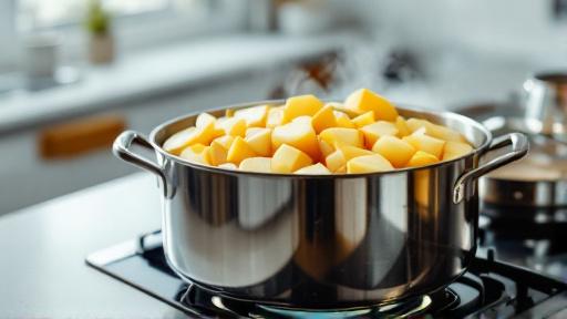 Boiling peeled and chopped potatoes in a pot
