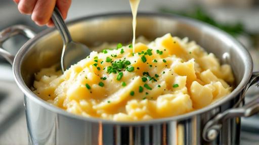 Stirring chunky mashed potatoes with garlic, cream, and chives
