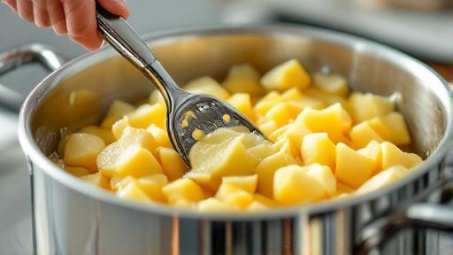 Person mashing potatoes with a potato masher in a pot