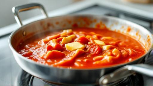 Creamy butter tomato sauce being actively prepared in a pan