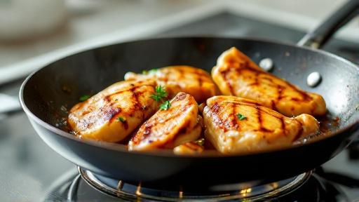 Cooking chicken pieces in a pan until lightly browned